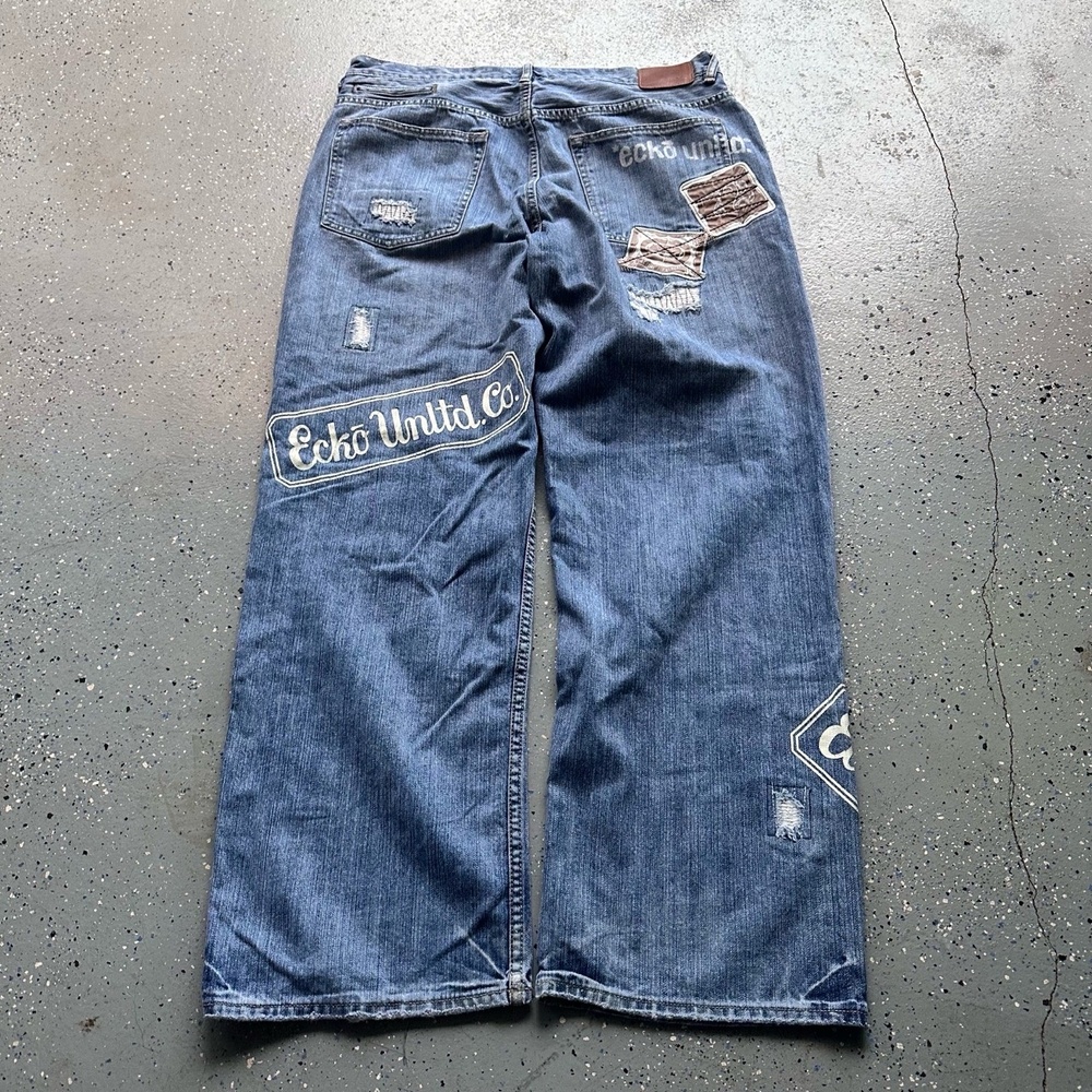 Ecko Unltd Y2K Baggy Wide Leg Distressed Denim Jeans 38x32 Blue Embroidered